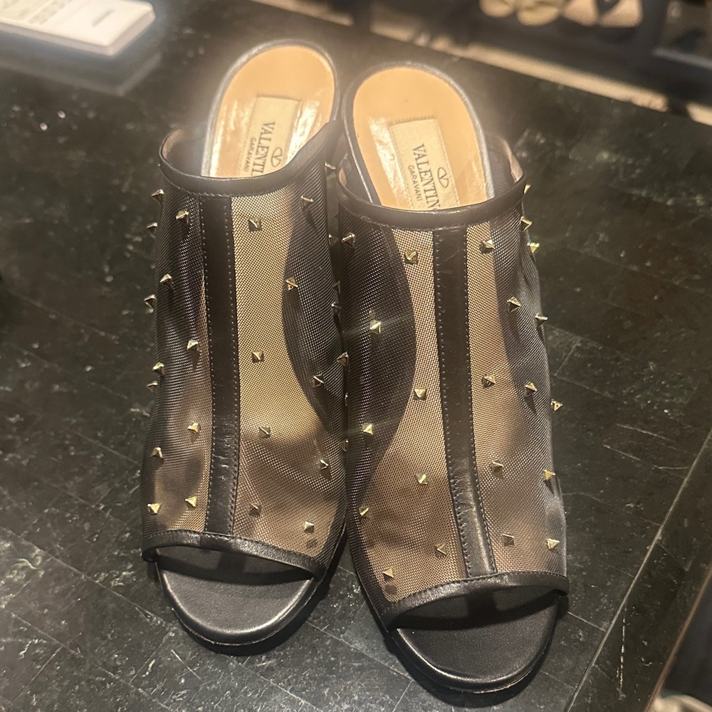 Valentino Black Mesh Mules with Gold Studs
